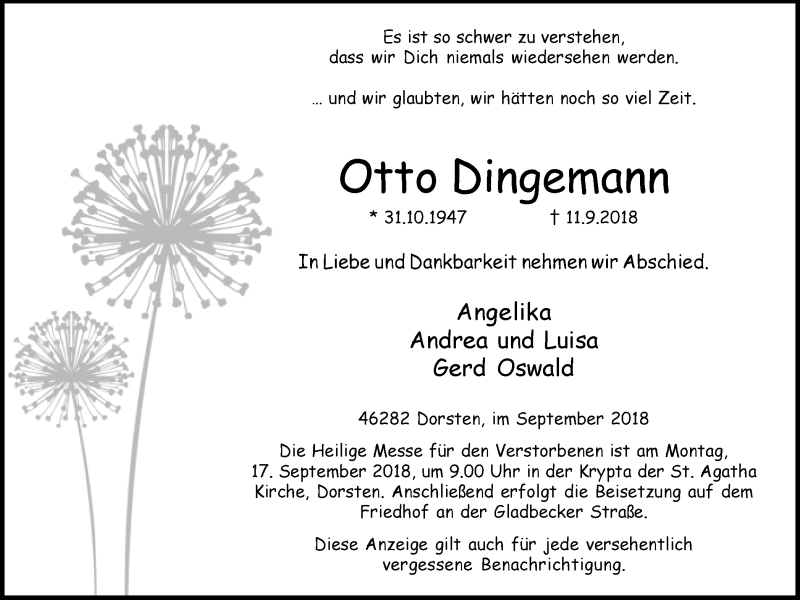  Traueranzeige für Otto Dingemann vom 13.09.2018 aus Ruhr Nachrichten und Dorstener Zeitung