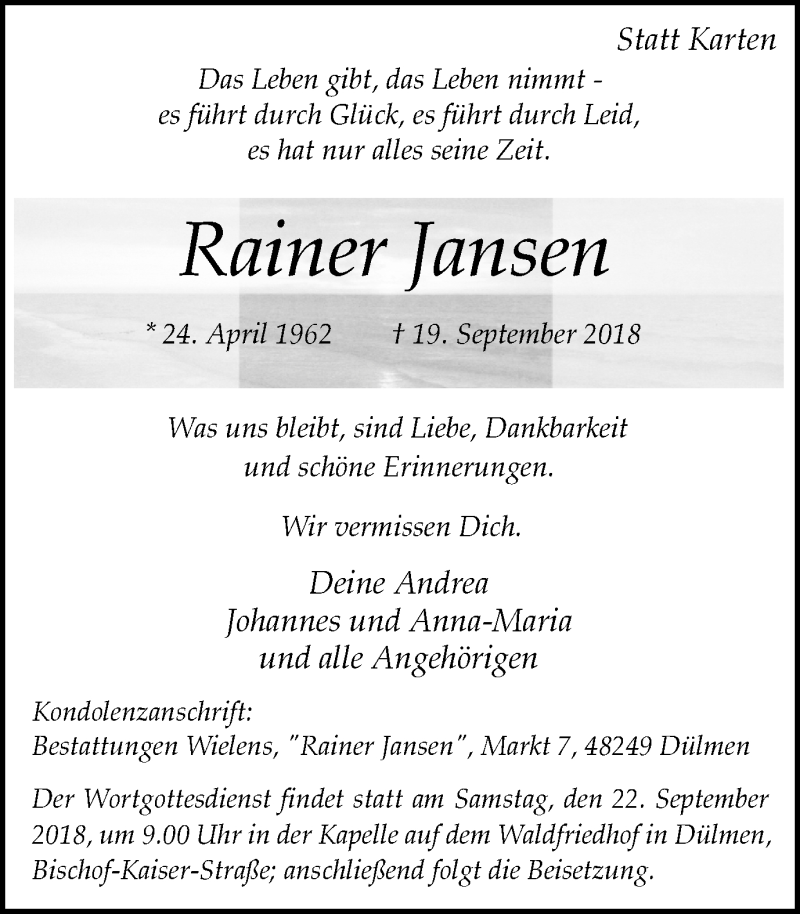  Traueranzeige für Rainer Jansen vom 20.09.2018 aus Ruhr Nachrichten und Dorstener Zeitung
