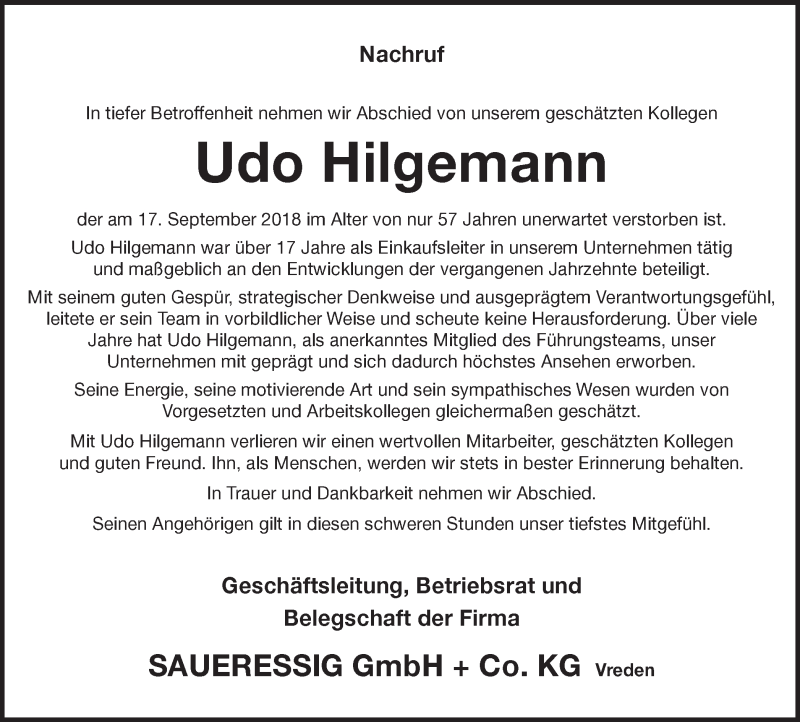  Traueranzeige für Udo Hilgemann vom 24.09.2018 aus Münstersche Zeitung und Münsterland Zeitung