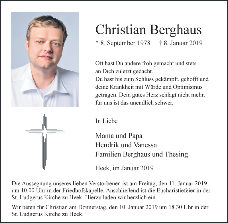  Traueranzeige für Christian Berghaus vom 09.01.2019 aus Münstersche Zeitung und Münsterland Zeitung