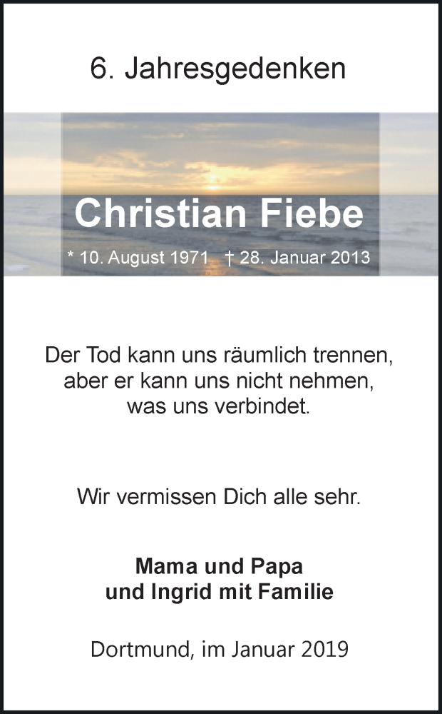  Traueranzeige für Christian Fiebe vom 28.01.2019 aus Ruhr Nachrichten