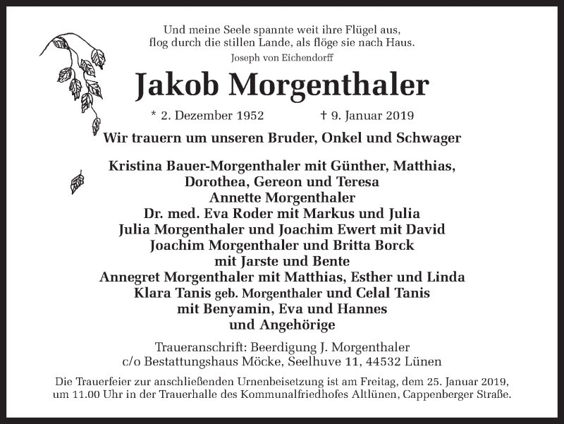 Traueranzeige für Jakob Morgenthaler vom 19.01.2019 aus Ruhr Nachrichten
