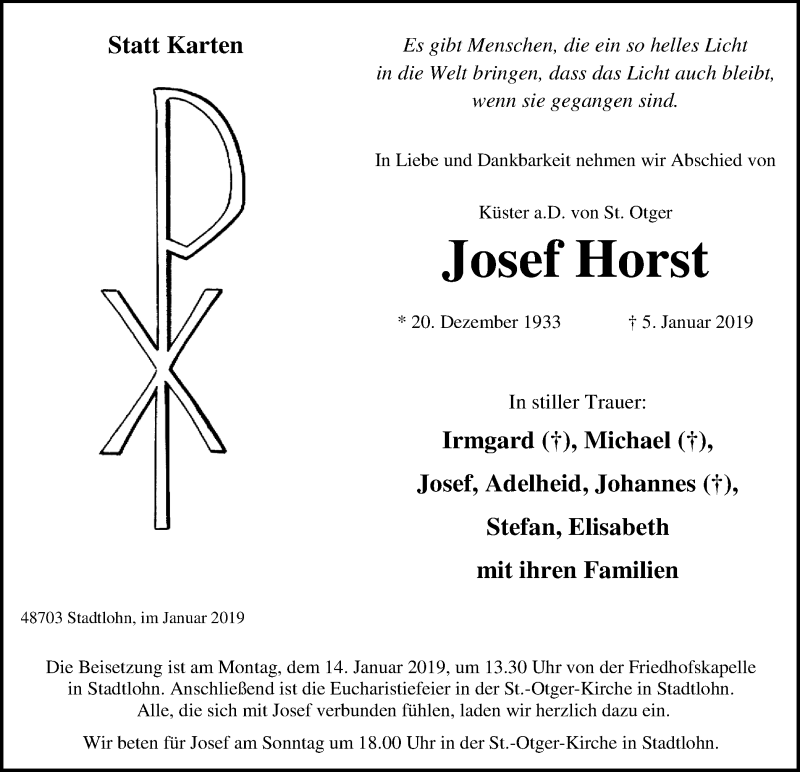  Traueranzeige für Josef Horst vom 10.01.2019 aus Münstersche Zeitung und Münsterland Zeitung