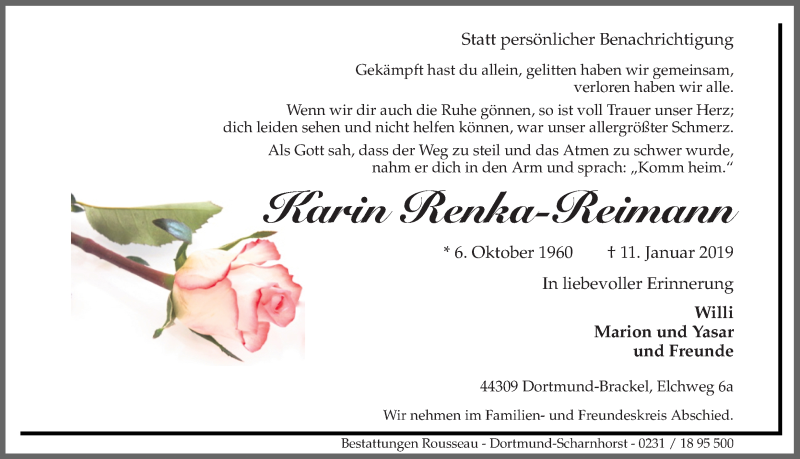 Traueranzeige für Karin Renka-Reimann vom 19.01.2019 aus Ruhr Nachrichten