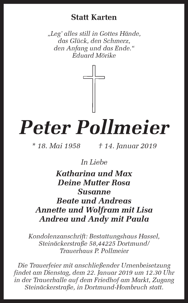  Traueranzeige für Peter Pollmeier vom 19.01.2019 aus Ruhr Nachrichten
