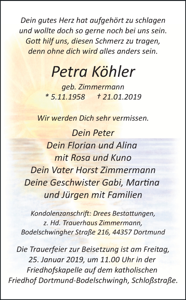  Traueranzeige für Petra Köhler vom 23.01.2019 aus Ruhr Nachrichten