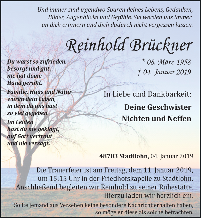  Traueranzeige für Reinhold Brückner vom 09.01.2019 aus Münstersche Zeitung und Münsterland Zeitung