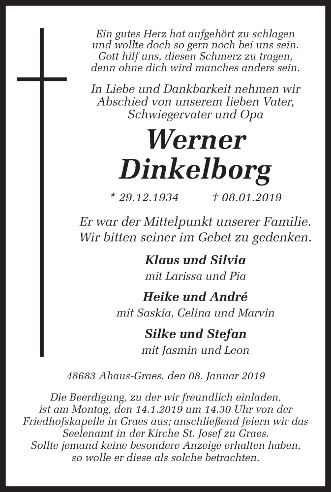  Traueranzeige für Werner Dinkelborg vom 10.01.2019 aus Münstersche Zeitung und Münsterland Zeitung