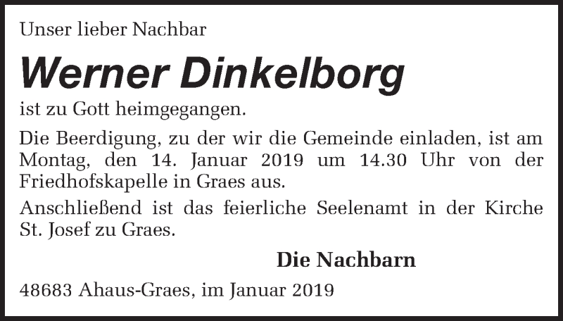  Traueranzeige für Werner Dinkelborg vom 11.01.2019 aus 