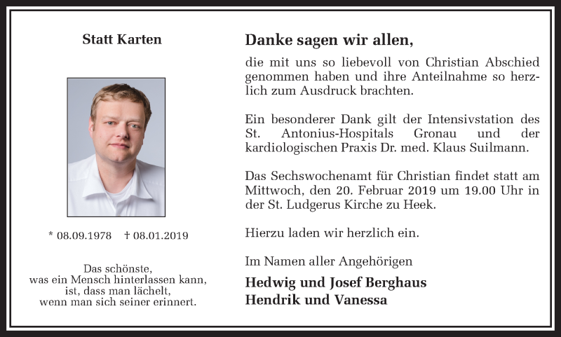  Traueranzeige für Christian Berghaus vom 16.02.2019 aus Münstersche Zeitung und Münsterland Zeitung