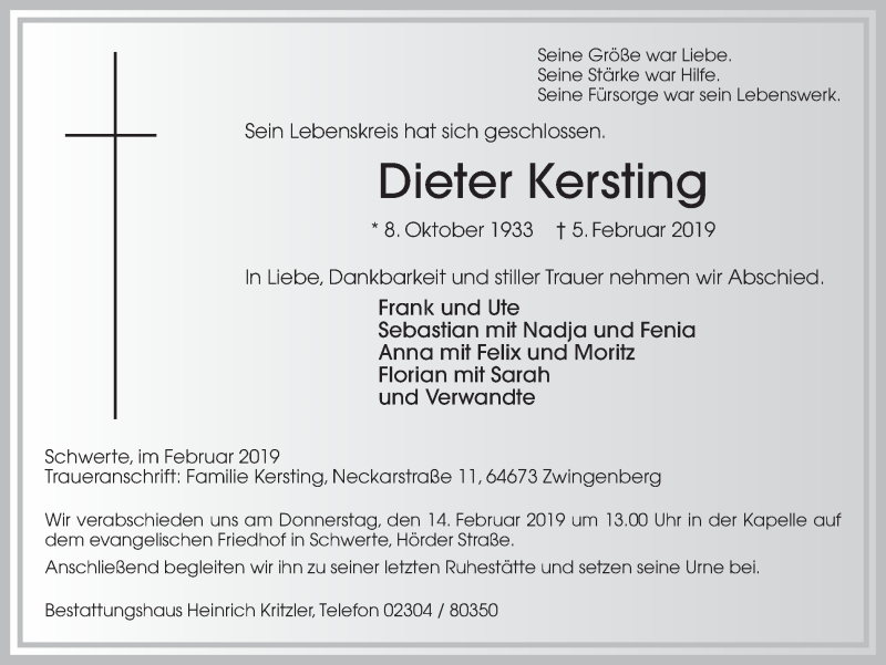 Traueranzeige für Dieter Kersting vom 09.02.2019 aus Ruhr Nachrichten