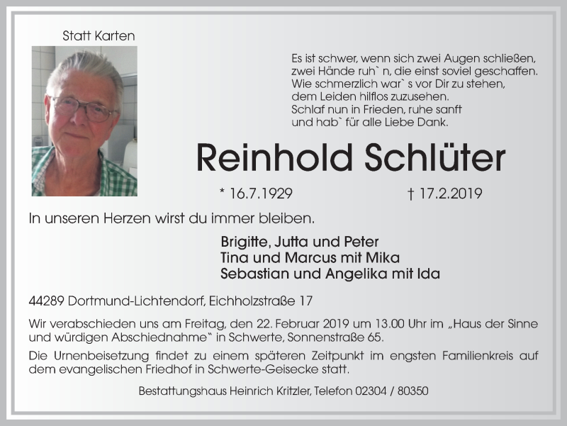  Traueranzeige für Reinhold Schlüter vom 20.02.2019 aus Ruhr Nachrichten