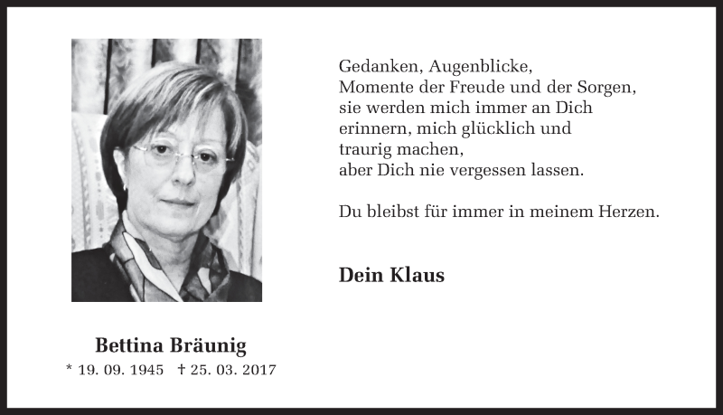  Traueranzeige für Bettina Bräunig vom 25.03.2019 aus Ruhr Nachrichten