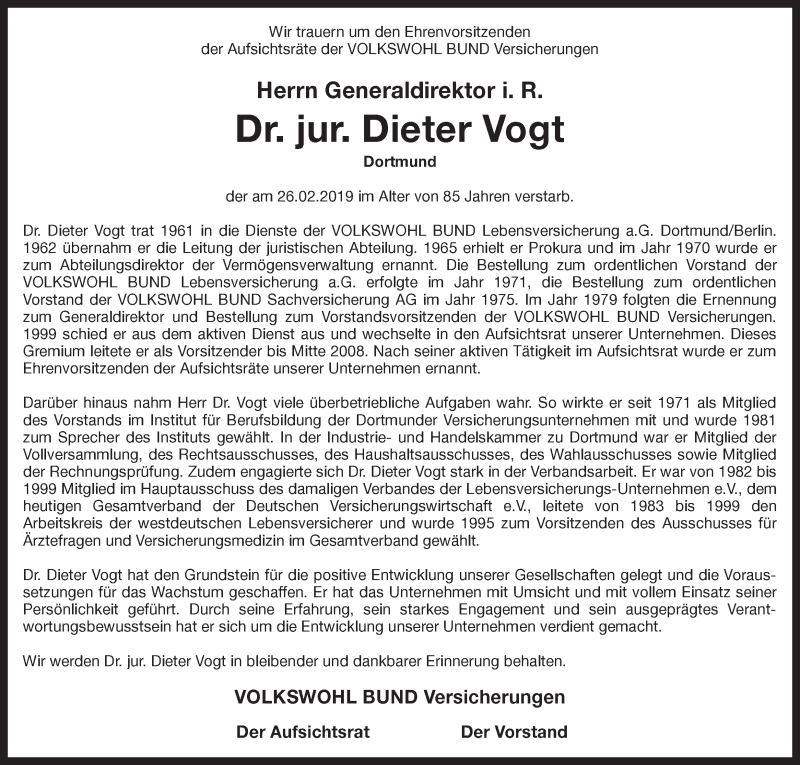  Traueranzeige für Dieter Vogt vom 02.03.2019 aus Ruhr Nachrichten