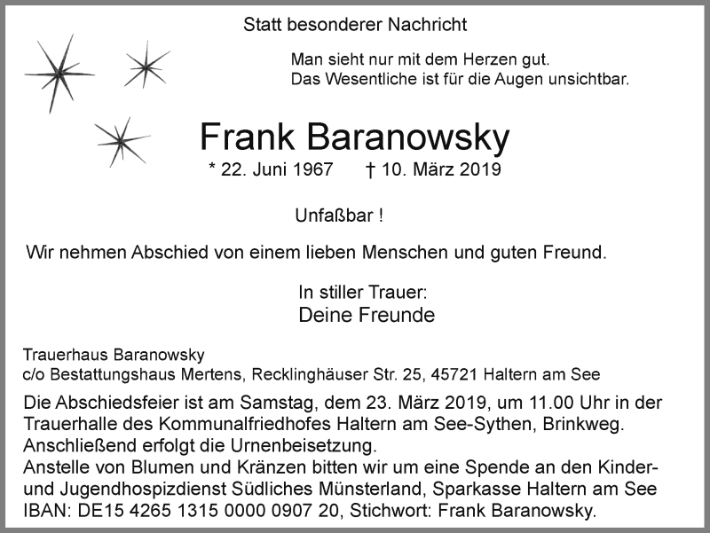  Traueranzeige für Frank Baranowsky vom 16.03.2019 aus Ruhr Nachrichten und Halterner Zeitung
