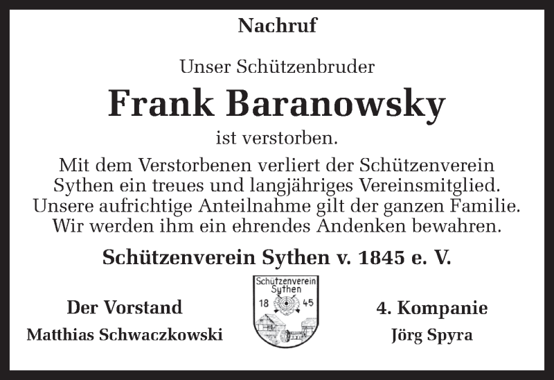  Traueranzeige für Frank Baranowsky vom 19.03.2019 aus Ruhr Nachrichten und Halterner Zeitung