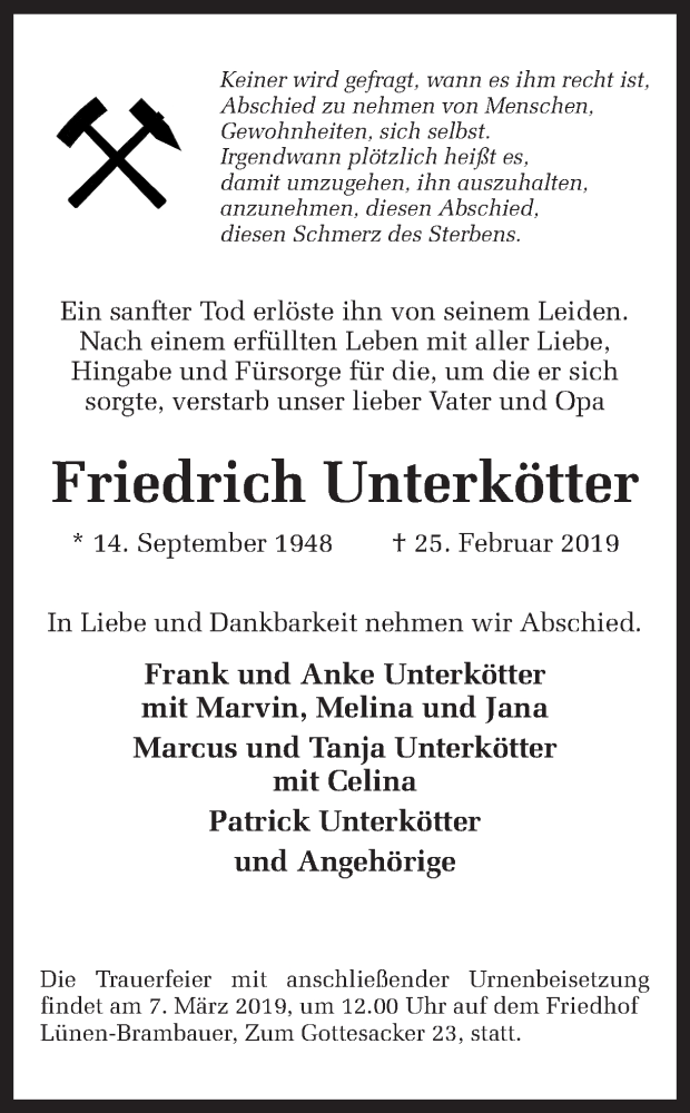  Traueranzeige für Friedrich Unterkötter vom 02.03.2019 aus Ruhr Nachrichten