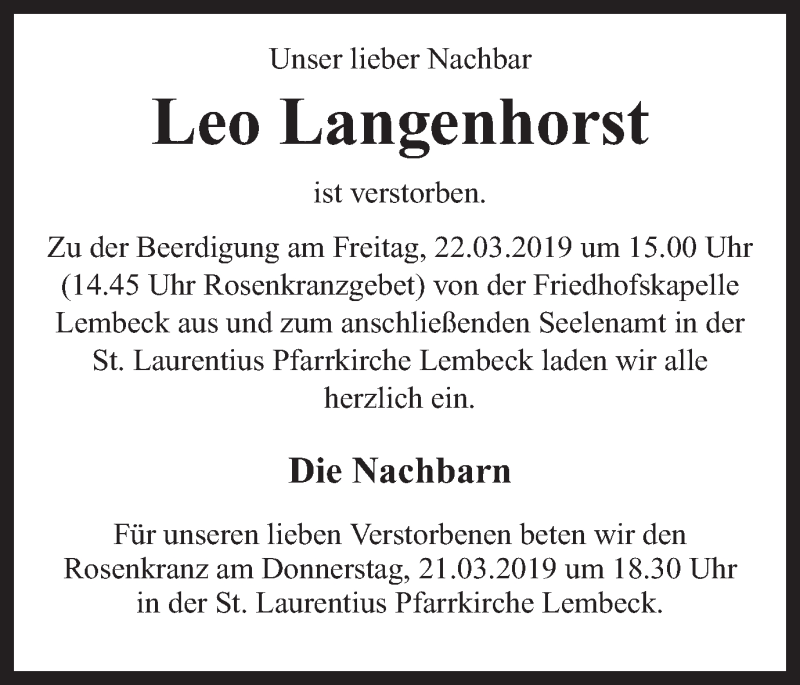  Traueranzeige für Leo Langenhorst vom 19.03.2019 aus Ruhr Nachrichten und Dorstener Zeitung