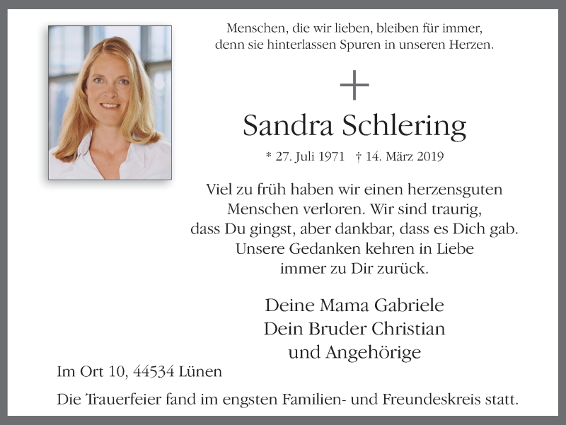  Traueranzeige für Sandra Schlering vom 23.03.2019 aus Ruhr Nachrichten
