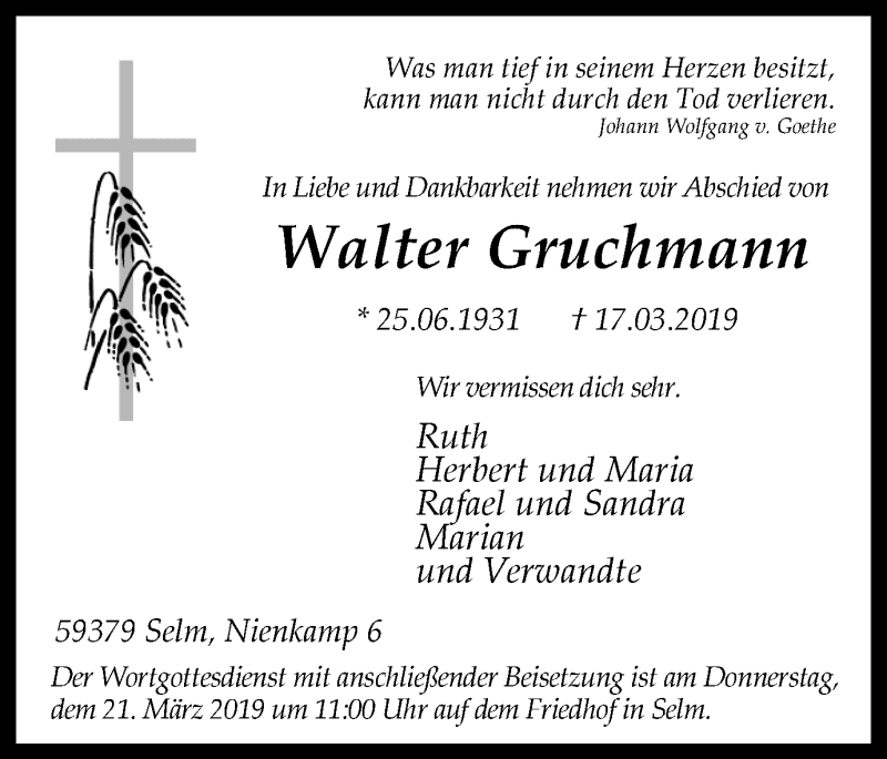  Traueranzeige für Walter Gruchmann vom 19.03.2019 aus Ruhr Nachrichten