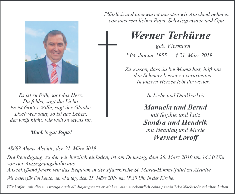  Traueranzeige für Werner Terhürne vom 25.03.2019 aus Münstersche Zeitung und Münsterland Zeitung
