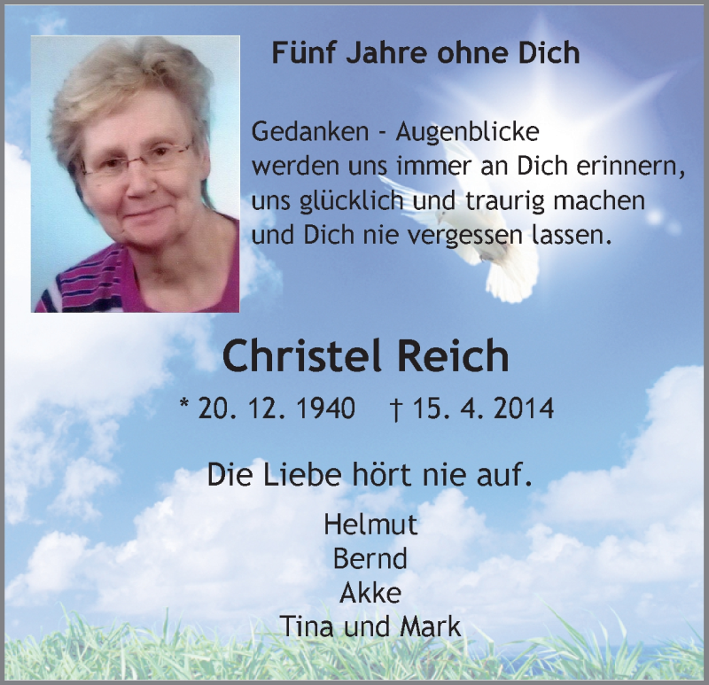  Traueranzeige für Christel Reich vom 15.04.2019 aus Ruhr Nachrichten