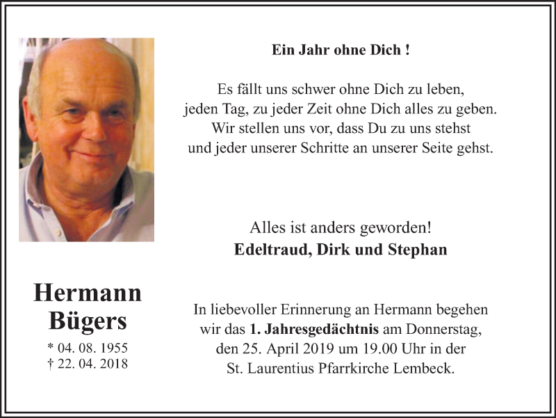  Traueranzeige für Hermann Bügers vom 20.04.2019 aus Ruhr Nachrichten und Dorstener Zeitung