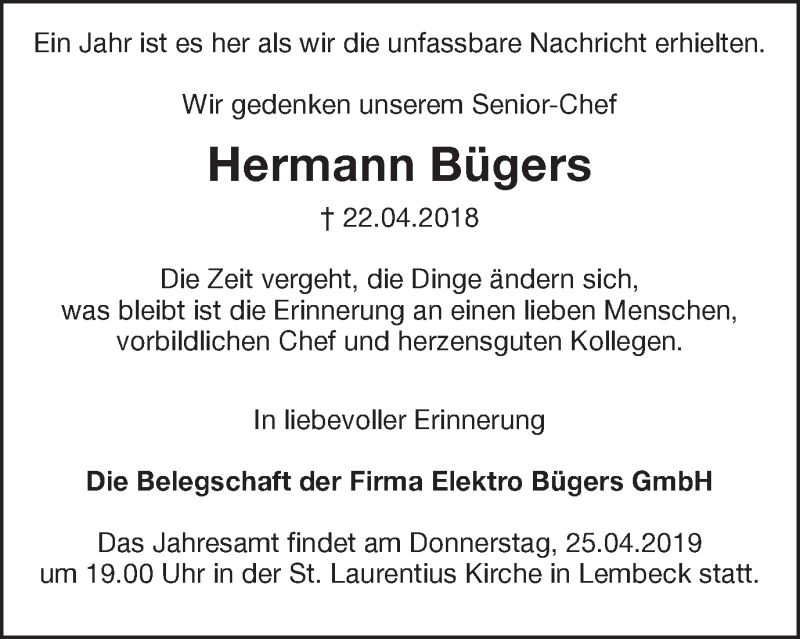  Traueranzeige für Hermann Bügers vom 25.04.2019 aus Ruhr Nachrichten und Dorstener Zeitung