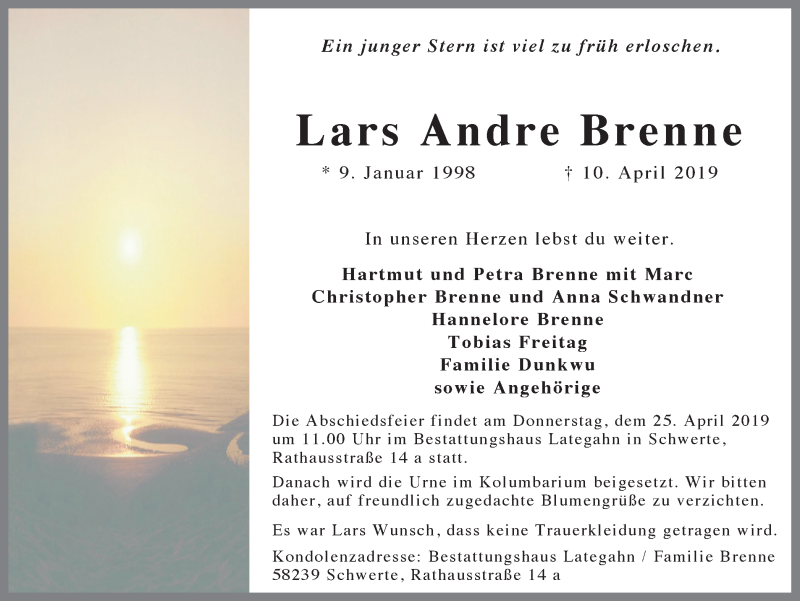  Traueranzeige für Lars Andre Brenne vom 20.04.2019 aus Ruhr Nachrichten