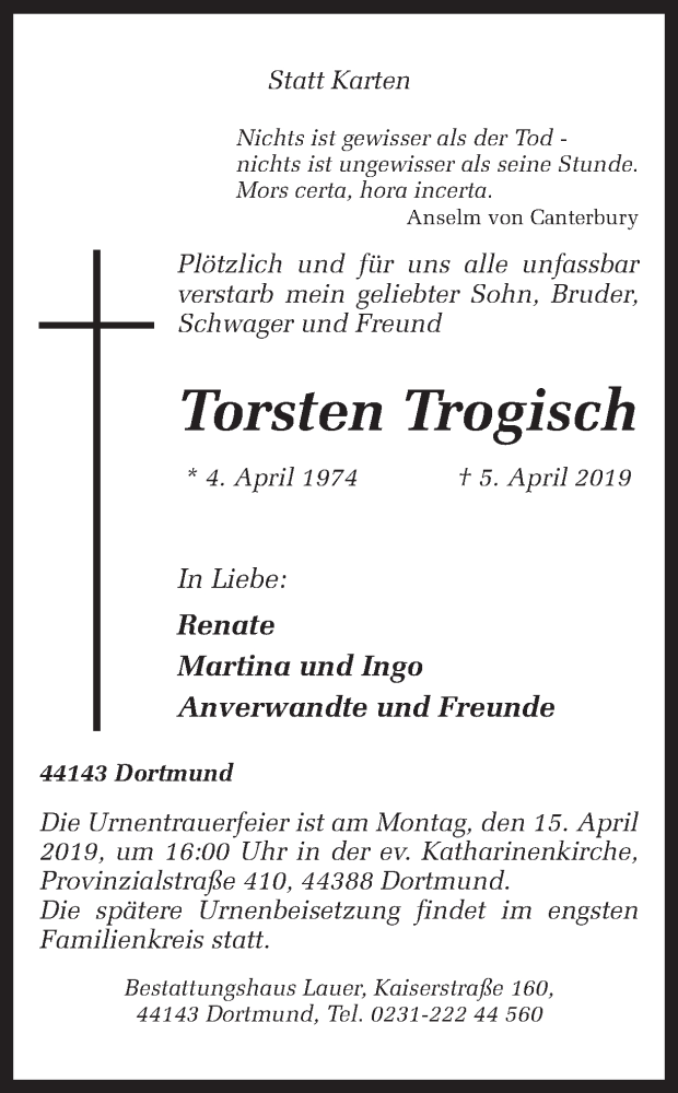  Traueranzeige für Torsten Trogisch vom 13.04.2019 aus Ruhr Nachrichten