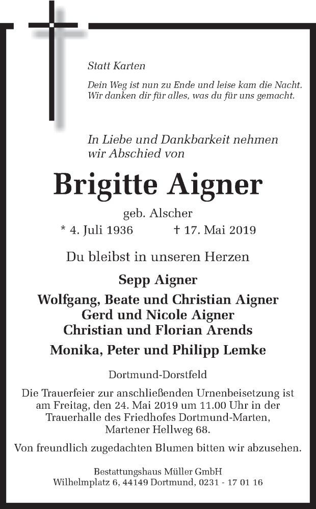  Traueranzeige für Brigitte Aigner vom 22.05.2019 aus Ruhr Nachrichten