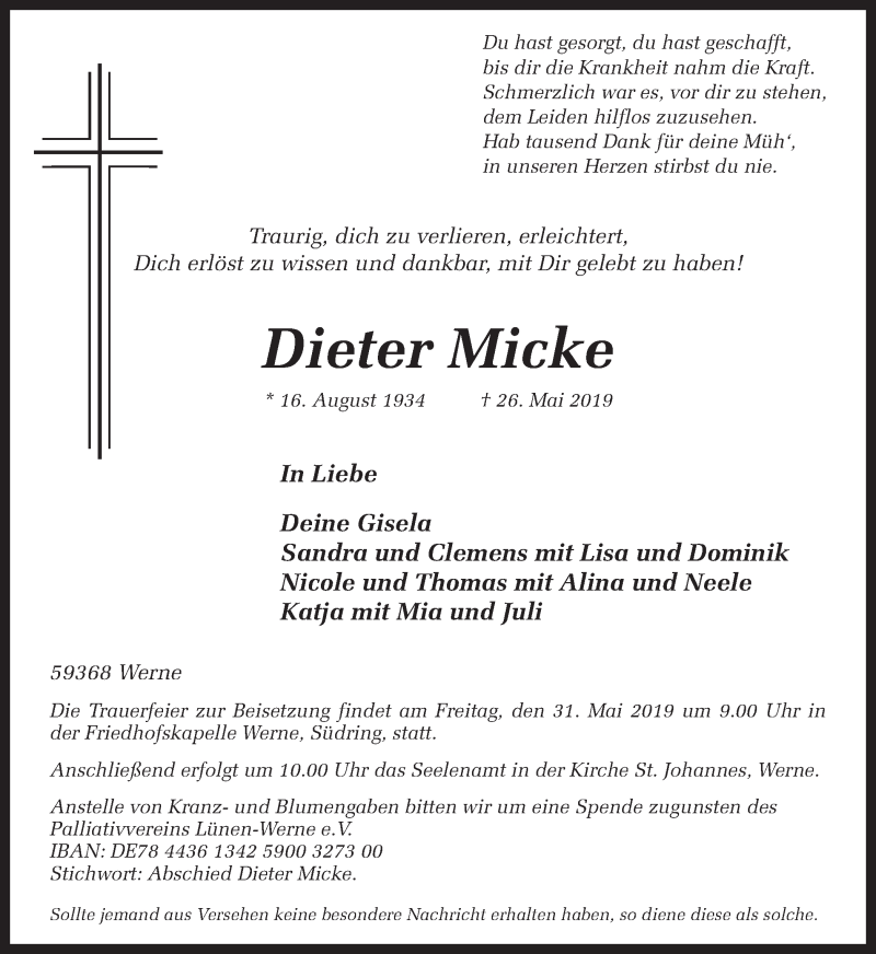  Traueranzeige für Dieter Micke vom 28.05.2019 aus Ruhr Nachrichten