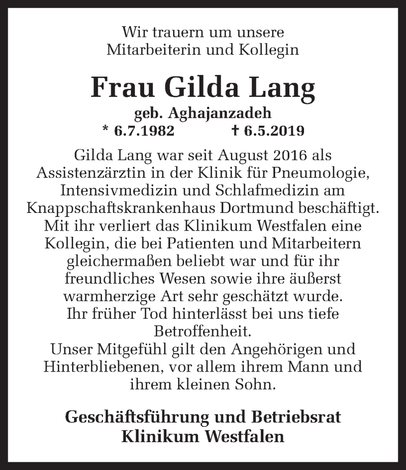  Traueranzeige für Gilda Lang vom 08.05.2019 aus Ruhr Nachrichten