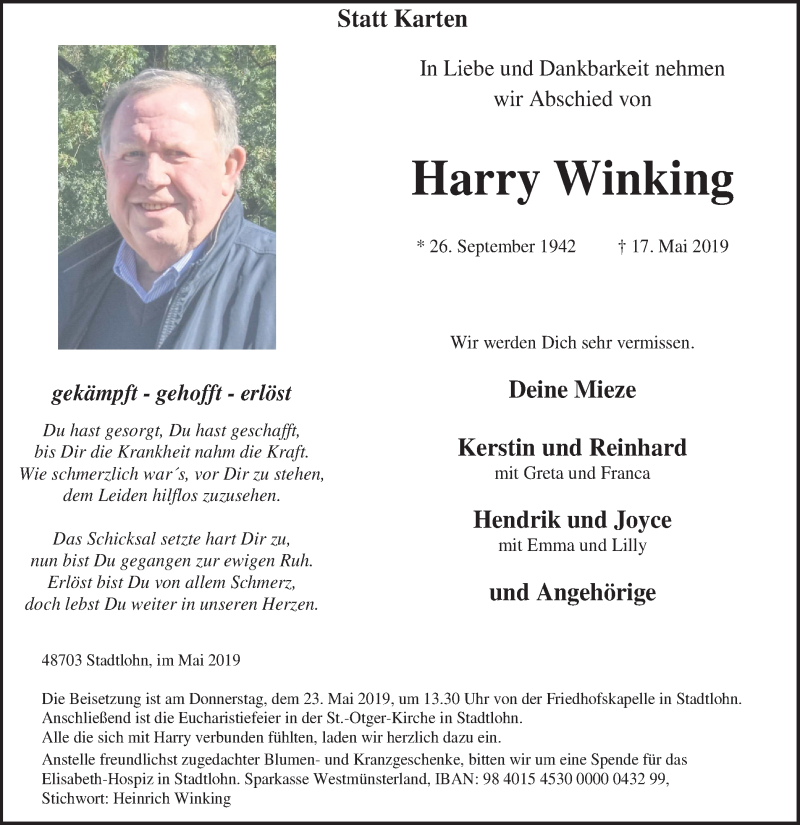  Traueranzeige für Harry Winking vom 21.05.2019 aus Münstersche Zeitung und Münsterland Zeitung