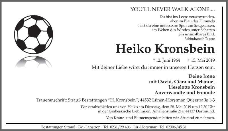  Traueranzeige für Heiko Kronsbein vom 21.05.2019 aus Ruhr Nachrichten