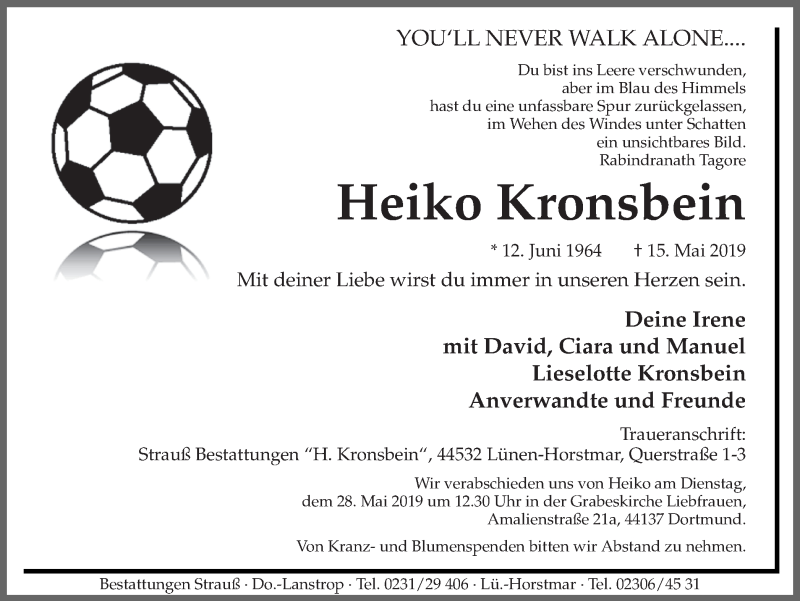  Traueranzeige für Heiko Kronsbein vom 21.05.2019 aus Ruhr Nachrichten