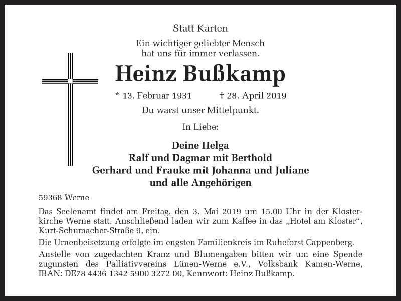  Traueranzeige für Heinz Bußkamp vom 01.05.2019 aus Ruhr Nachrichten