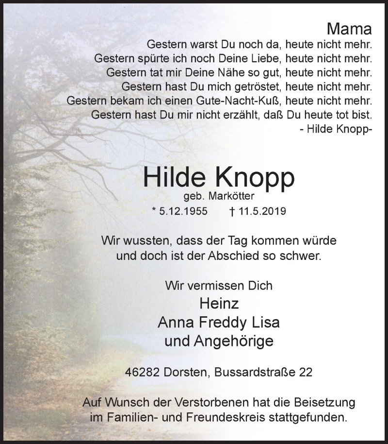  Traueranzeige für Hilde Knopp vom 18.05.2019 aus Ruhr Nachrichten und Dorstener Zeitung