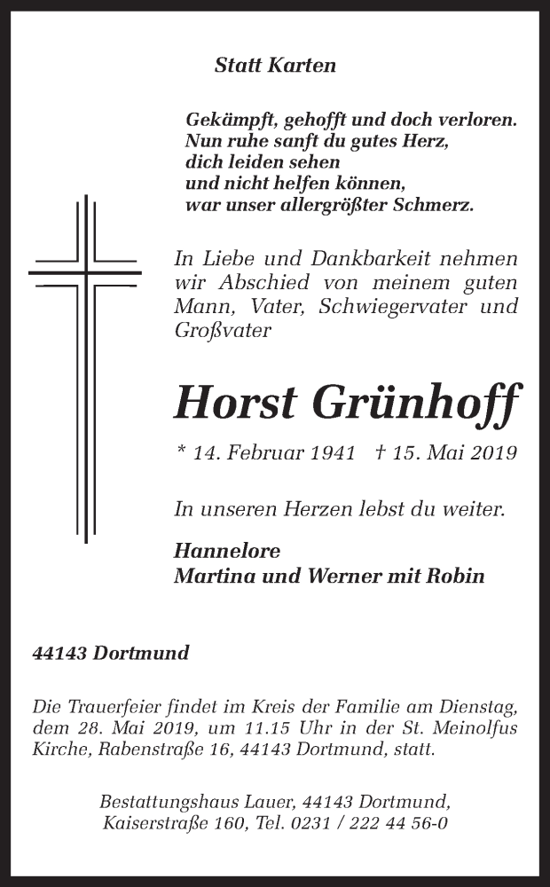  Traueranzeige für Horst Grünhoff vom 18.05.2019 aus Ruhr Nachrichten