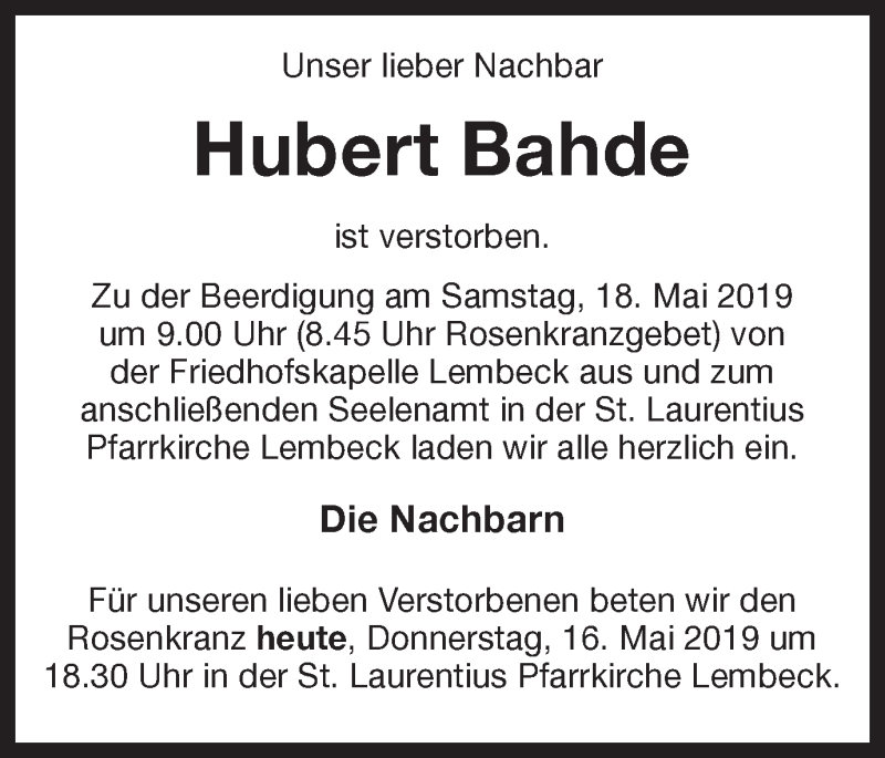  Traueranzeige für Hubert Bahde vom 16.05.2019 aus Ruhr Nachrichten und Dorstener Zeitung