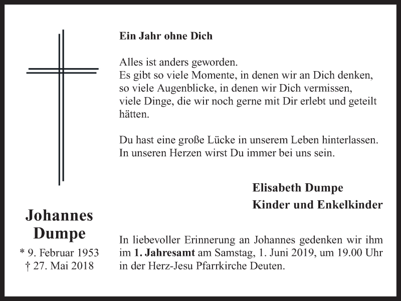  Traueranzeige für Johannes Dumpe vom 29.05.2019 aus Ruhr Nachrichten und Dorstener Zeitung