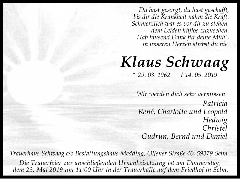  Traueranzeige für Klaus Schwaag vom 18.05.2019 aus Ruhr Nachrichten