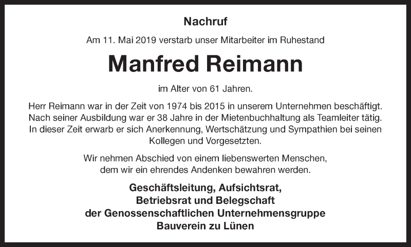  Traueranzeige für Manfred Reimann vom 18.05.2019 aus Ruhr Nachrichten