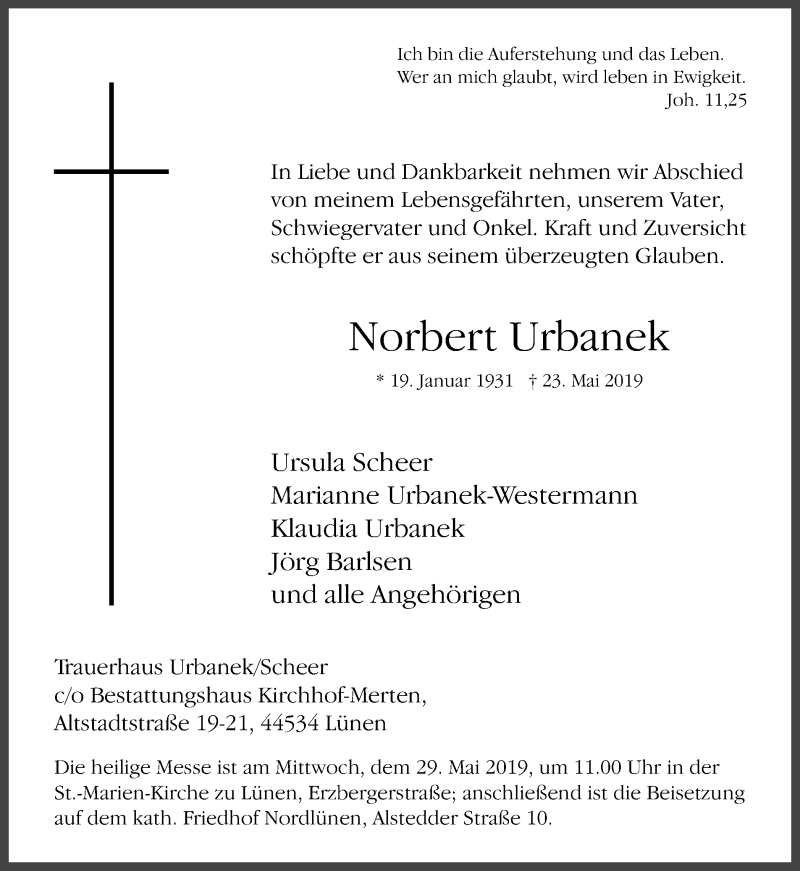  Traueranzeige für Norbert Urbanek vom 25.05.2019 aus Ruhr Nachrichten