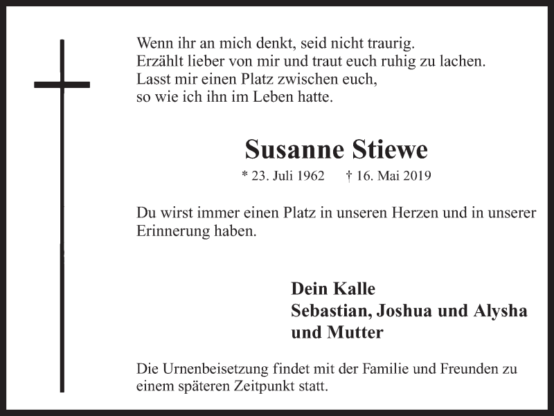  Traueranzeige für Susanne Stiewe vom 23.05.2019 aus Ruhr Nachrichten und Dorstener Zeitung
