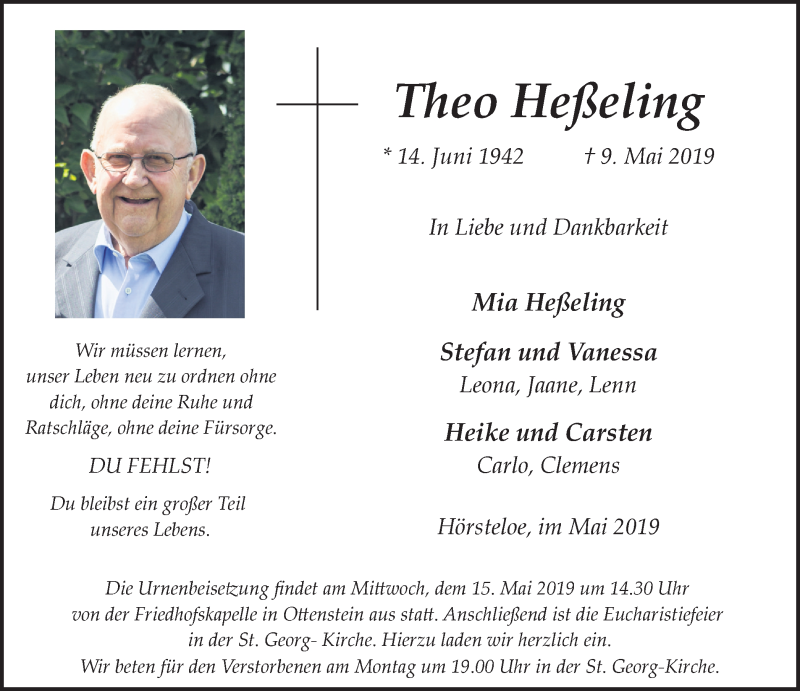  Traueranzeige für Theo Heßeling vom 11.05.2019 aus Münstersche Zeitung und Münsterland Zeitung