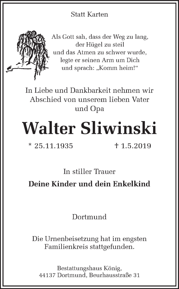  Traueranzeige für Walter Sliwinski vom 18.05.2019 aus Ruhr Nachrichten