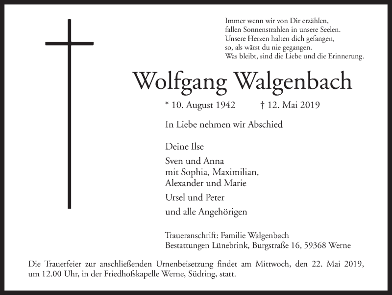  Traueranzeige für Wolfgang Walgenbach vom 15.05.2019 aus Ruhr Nachrichten