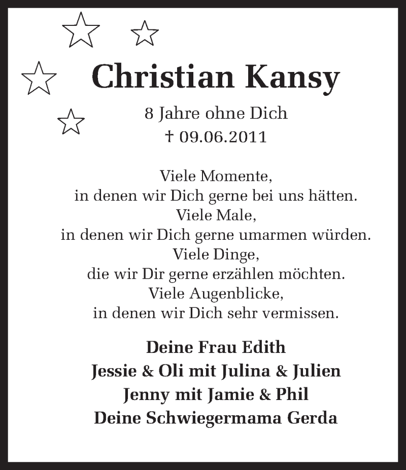 Traueranzeige für Christian Kansy vom 11.06.2019 aus Ruhr Nachrichten