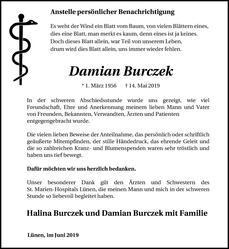  Traueranzeige für Damian Burczek vom 08.06.2019 aus Ruhr Nachrichten
